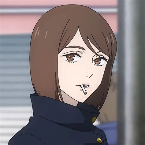 An Anime Character With Brown Eyes And Long Hair Wearing A Blue Coat