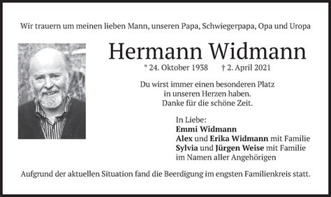 Traueranzeigen Von Hermann Widmann Trauer Merkur De