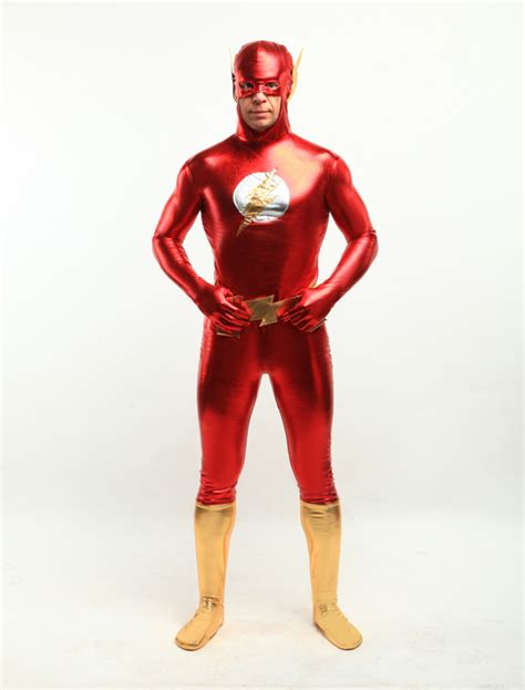 Halloween Flash Man Zentai Suit Red And Gold Shiny Metallic Full