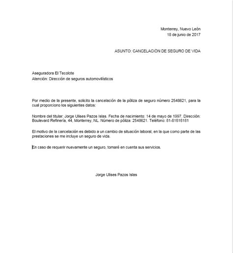 Carta de Cancelación de Seguro Ejemplos y Formatos Word PDF