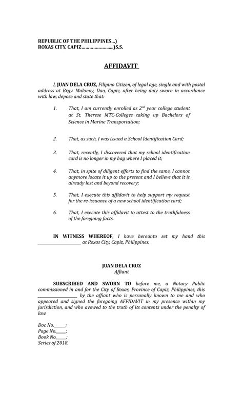 Affidavit Of Loss School Id Card Bank2home