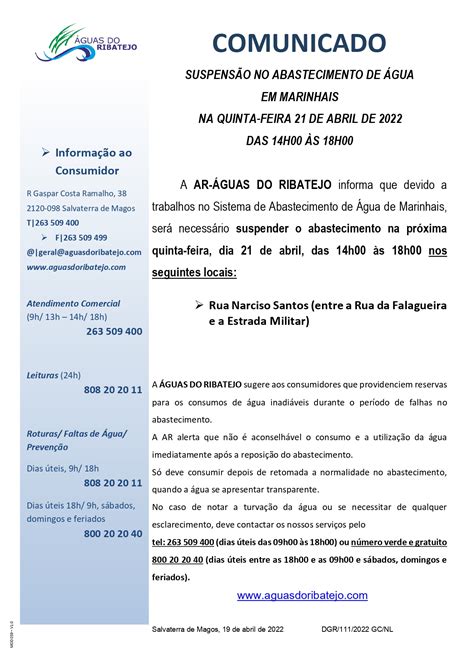 Suspensão no Abastecimento de Água em Marinhais 21 de abril das 14h