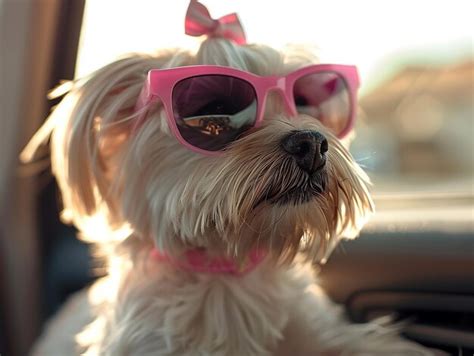 A Maltese Dog With Pink Sunglasses On Car Window Premium Ai Generated
