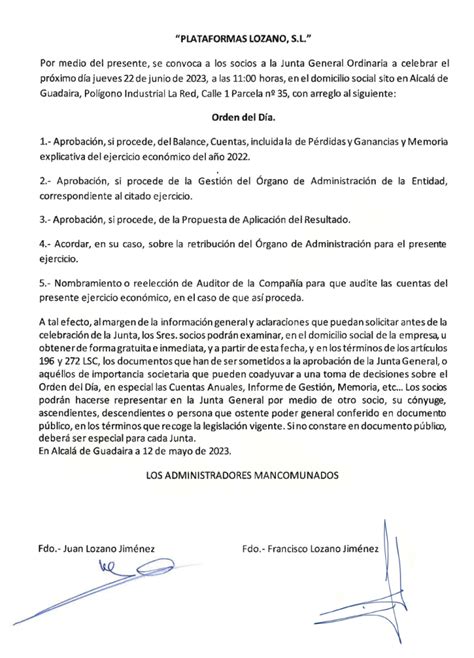 Convocatoria Junta General Ordinaria Plataformas Lozano Sl Grupo