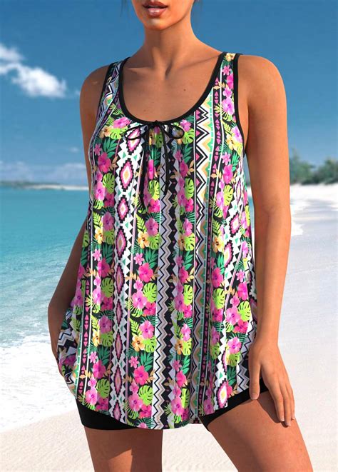 Floral Geometric Print Multi Color Tankini Top Usd 39 98