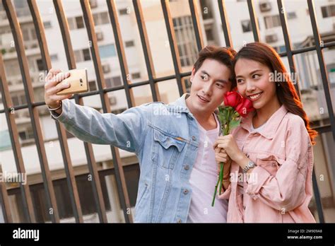 Young Happy Couple Love And Romantic Selfie At First Date Relationship