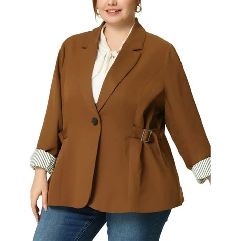 Unique Bargains Womens Plus Size Stripe Cuff Notched Lapel Casual Blazer