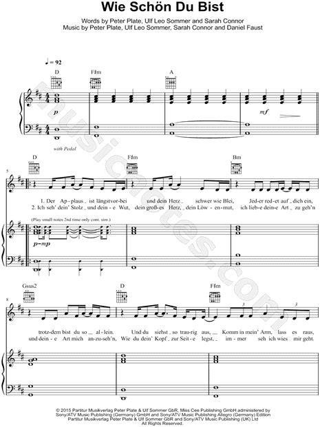 Sarah Connor Wie schön du bist Sheet Music in D Major transposable