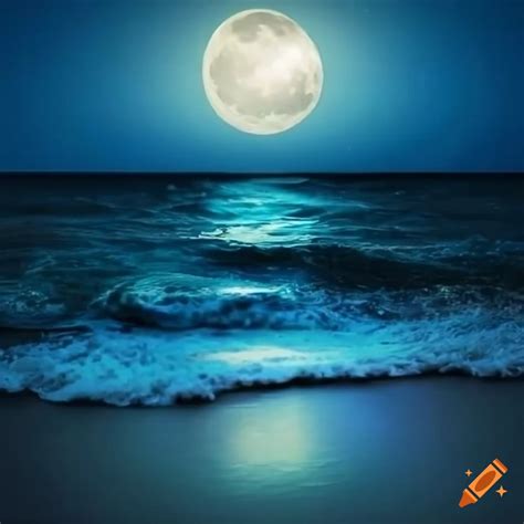 A Beautiful Beach With Blue Glowing Sand In Night In Moon Light With