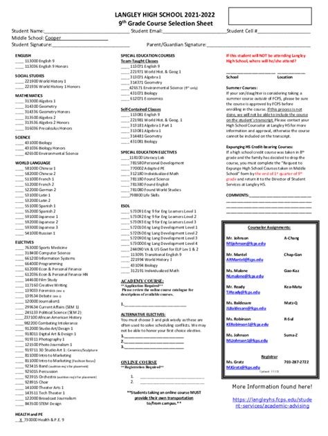 Fillable Online 2021 Rising 9th Grade Student Course Selection Sheet