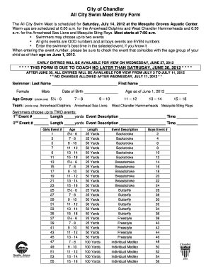 Fillable Online Chandleraz City Of Chandler All City Swim Meet Entry