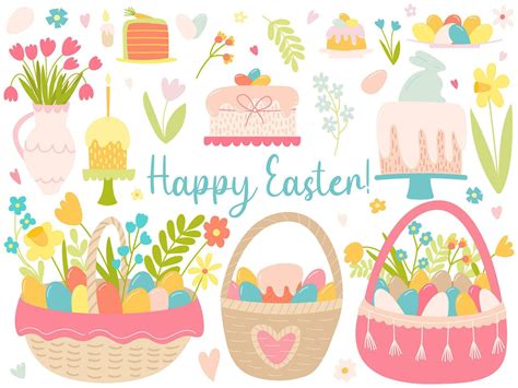 Happy Easter Cartoon Set Vector Easter Cartoon Elements Set Wicker