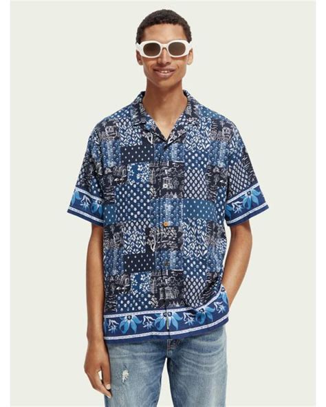 Scotch And Soda Mixed Print Organic Cotton Camp Shirt In Blue For Men Lyst