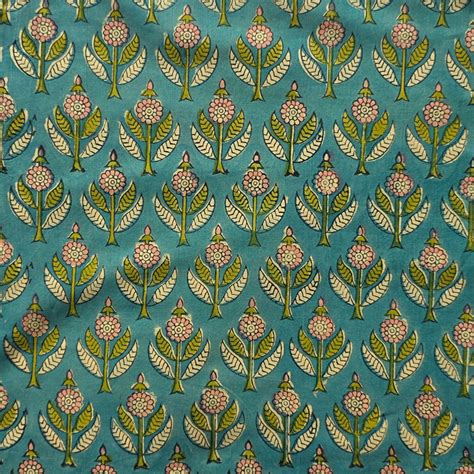 pure cotton jaipuri green  flower plant motif hand block print fab