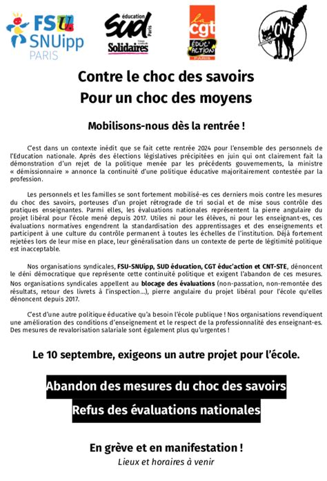 Contre Le Choc Des Savoirs Pour Un Choc Des Moyens FSU SNUipp Paris