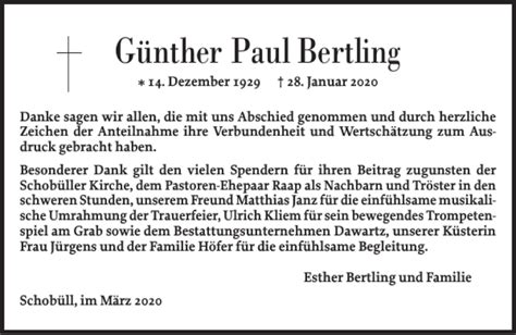 Traueranzeigen Von G Nther Paul Bertling Sh Z Trauer