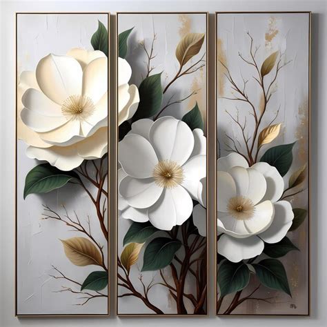 A Trio Of Vertical Rectangular Flower And Butterfly Painting K