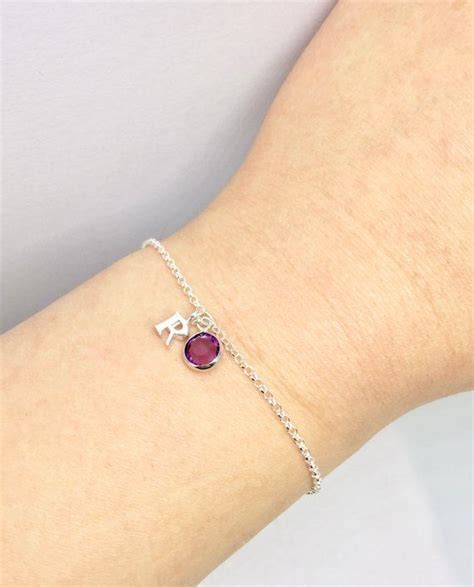 Sterling Silver Birthstone And Initial Bracelet Initial Etsy Uk Initial Bracelet Silver