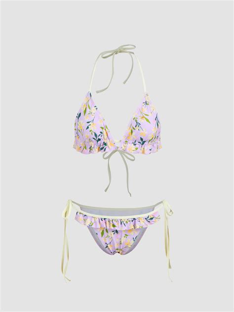 Floral Ruffle Hem Triangle Bikini Swimsuit Cider