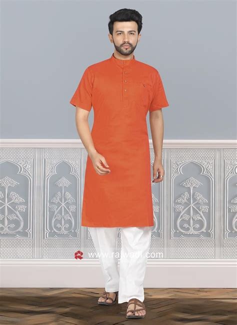 Orange Cotton Silk Kurta Pajama Rajwadi Menswear