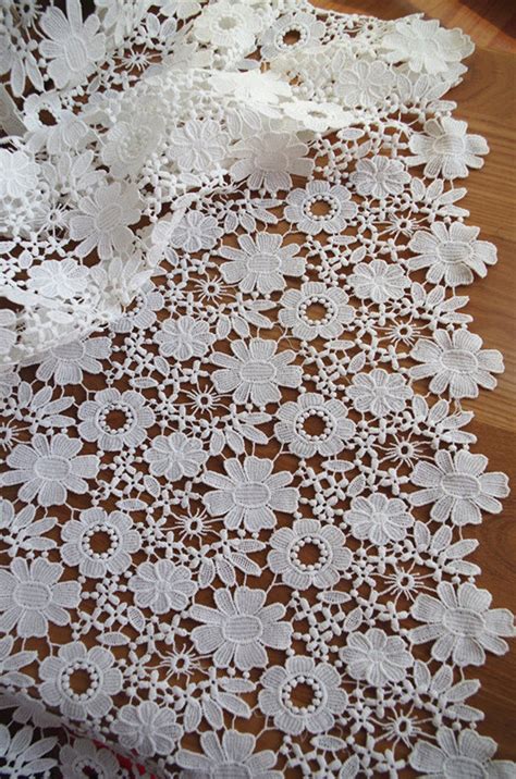 Off White Lace Fabric Crocheted Lace Fabric With Flowers Etsy Eyelet