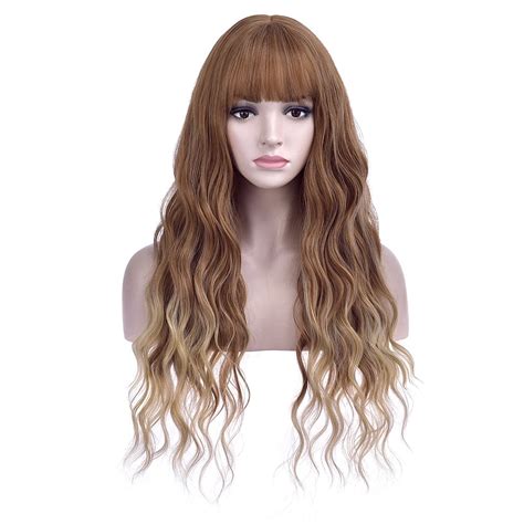 Beron Blonde Brown Wavy Wigs Women Long Wig With Bangs 28 Wavy Curly