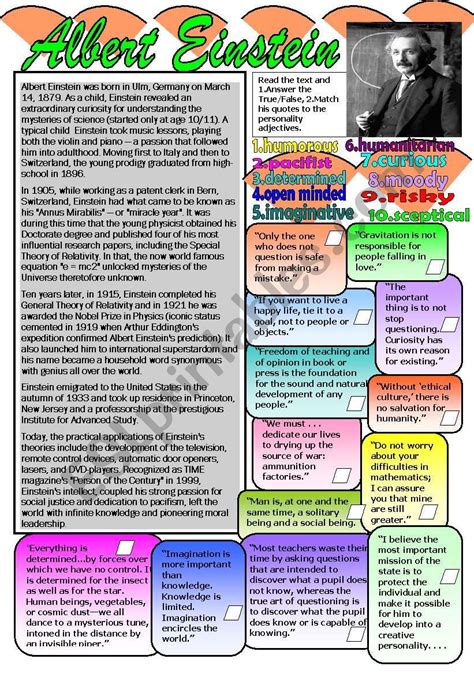 Albert Einstein Esl Worksheet By Liliaamalia