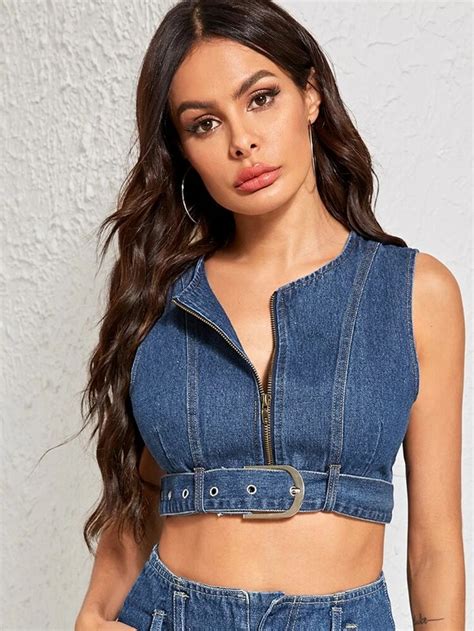 Zip Front Denim Top With Belt Denim Top Denim Crop Top Denim Fashion