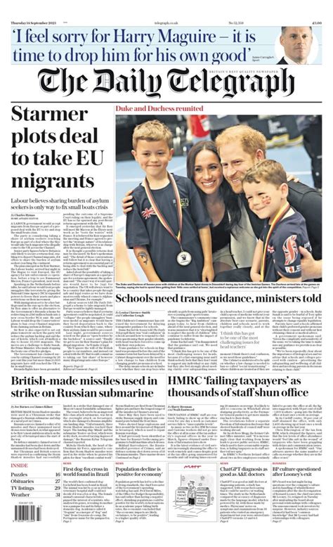 Daily Telegraph Front Page 14th Of September 2023 Tomorrows Papers Today