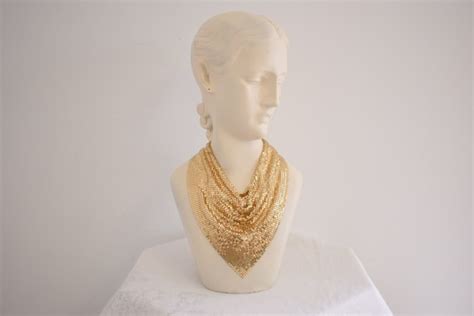 S Whiting And Davis Gold Metal Mesh Bib Necklace Gem