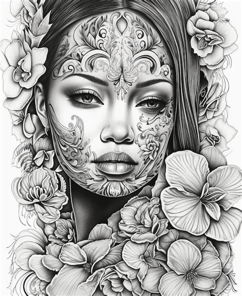 Un Dessin En Noir Et Blanc D Une Femme Avec Des Fleurs Et Les Mots