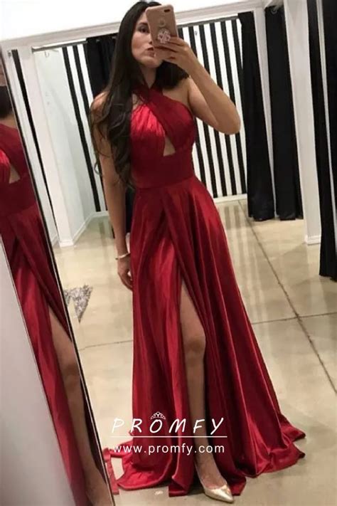 Red Backless Criss Cross Halter Split Prom Dress Promfy