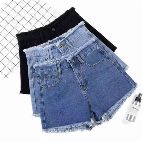 Ladies High Waist Demin Shorts Light Blue And Navy Blue And Whiteblack