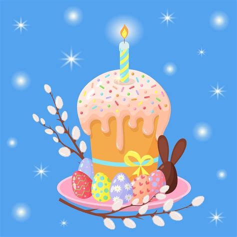 Premium Vector Easter Cake On A Plate With A Candle And Colorful Eggs Happy Easter Symbol