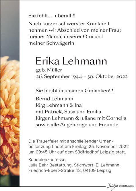 Traueranzeigen Von Erika Lehmann Trauer Anzeigen De