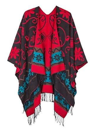 Women S Fashionable Retro Style Vintage Pattern Tassel Poncho Shawl