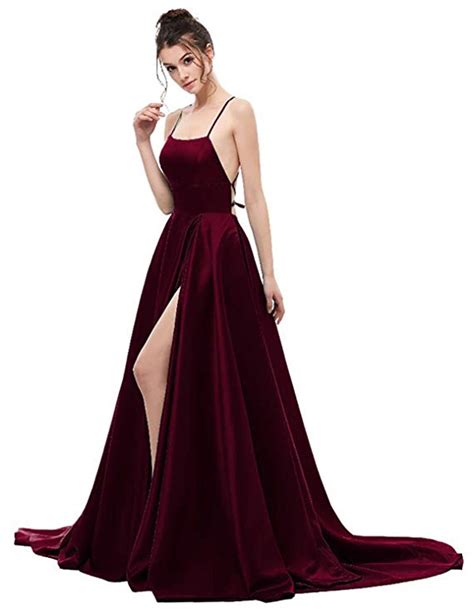 Ruiyuhong Womens Satin Sexy Split Prom Dresses Burgundy Backless Prom