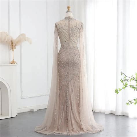 Luxury Beaded Mermaid Nude Pink Evening Dress With Cape Sleeve