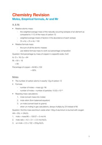 Edexcel Igcse Chemistry Moles Empirical Formula Ar And Mr Notes Teaching Resources