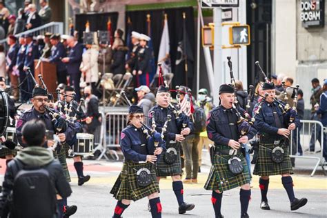 New York Corrections Department Band Playing Bagpipes At Veterans Day