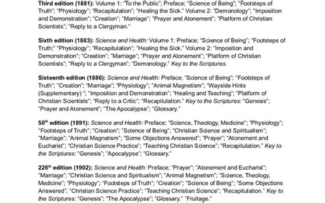 Contents Of Major Editions Of Science And Health With Key To The