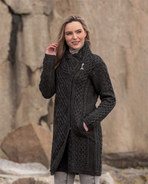 Hand Loomed Fitted Long Side Zip Coatigan With Knit Pockets Irish Centre