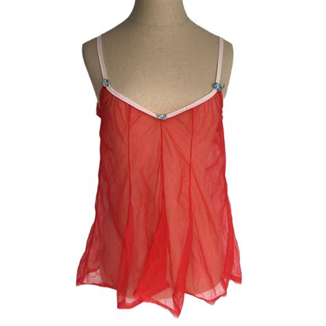 Vintage Camisole Cami Tank Top Lingerie Red Sheer Chiffon Embroidered