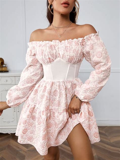 Floral Jacquard Off Shoulder Frill Trim Shirred Back Dress Shein Usa