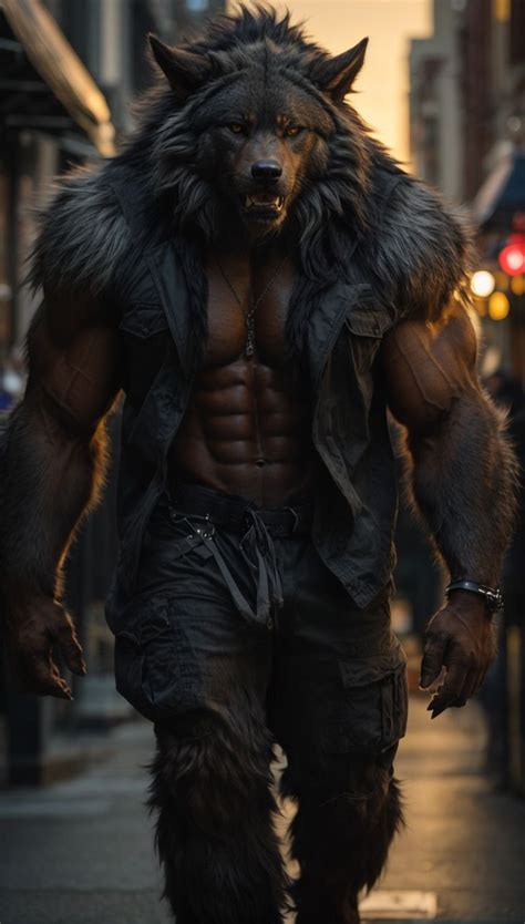 A Man Dressed As A Wolf Is Walking Down The Street With His Hands In