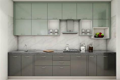 Compact Kitchen Design With Sage Green And Charcoal Grey Cabinets