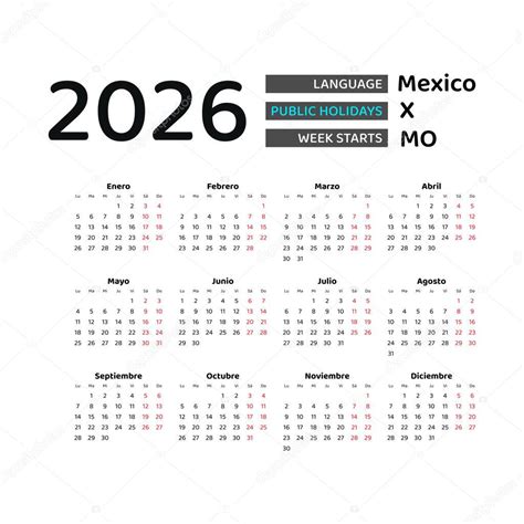 Calendario México 2026 La semana comienza el lunes Diseño gráfico