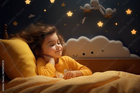 little girl sleeping on the bed, cozy interior of a childs bedroom ...