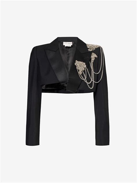 Alexander Mcqueen Crystal Embellished Cropped Wool Blazer In Black