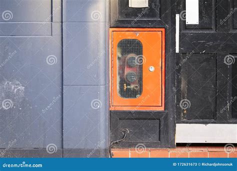 Dry Riser Inlet Box Red On Brick Wall For Emergency Fire Services Water